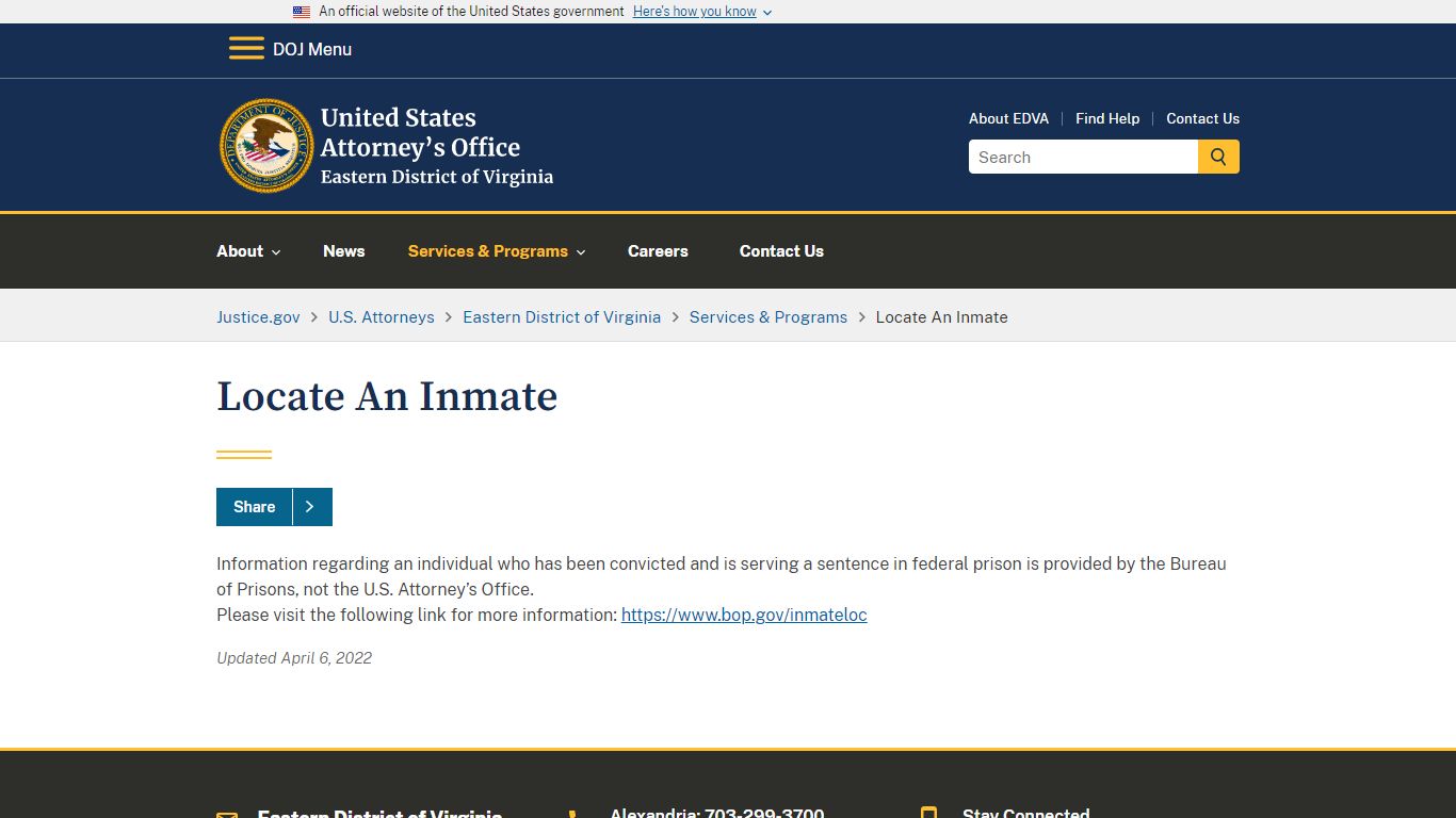 Eastern District of Virginia | Locate An Inmate
